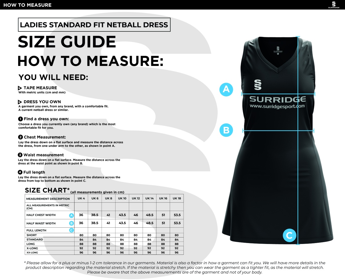 Hertz & Essex School - Netball Dress - Size Guide